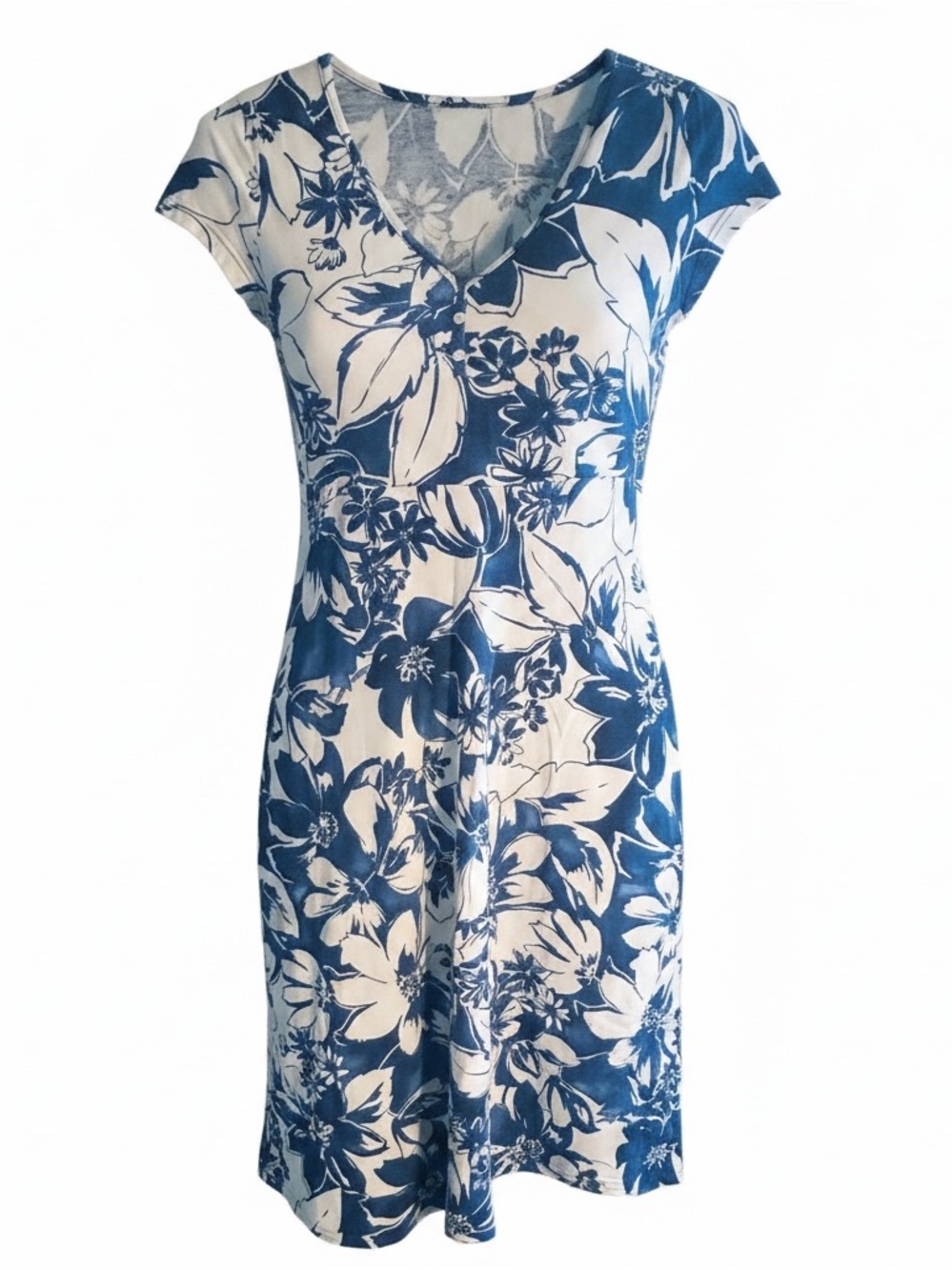 Chaps White and Blue Floral V-Neck Midi Dress